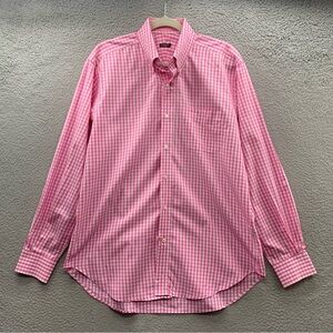 J. McLaughlin Button Up Shirt Mens Size L Pink Gingham Plaid Lightweight Cotton